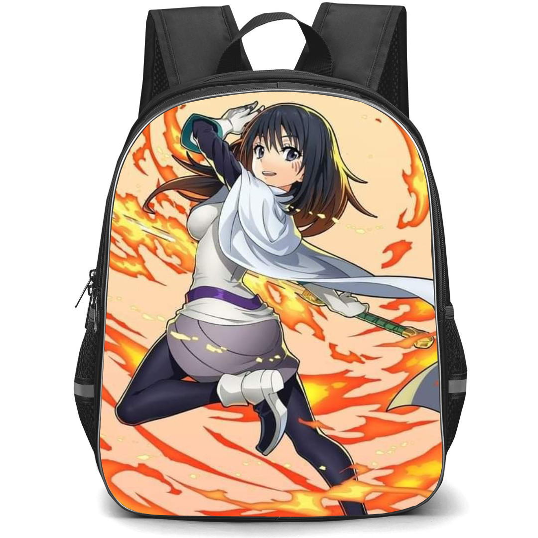 That Time I Got Reincarnated As A Slime Shizue Izawa Backpack StudentPack - Shizue Izawa Jumping Flames Pink Background