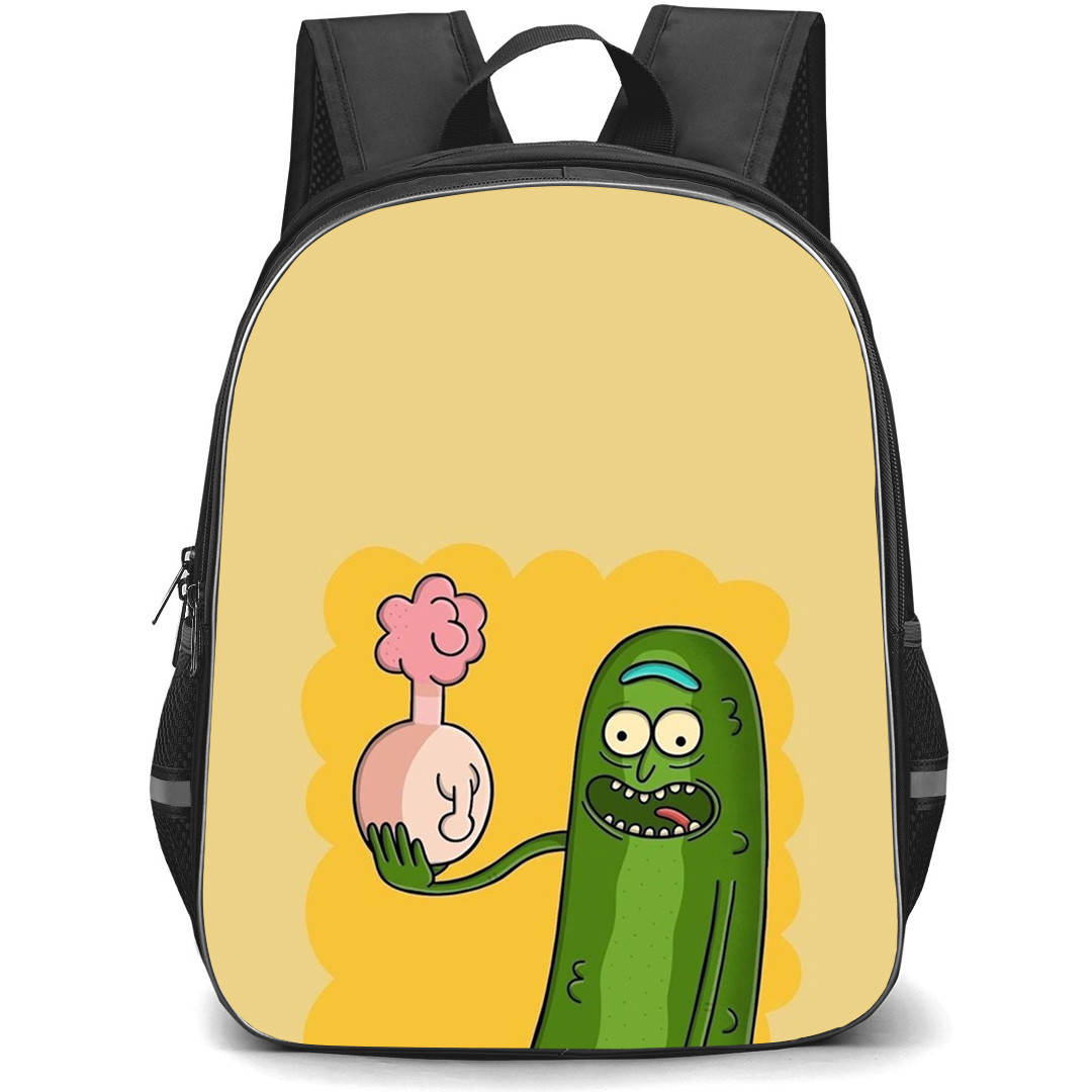Rick And Morty Pickle Rick Backpack StudentPack - Pickle Rick Holding Plumbus Illustration Art On Yellow Background