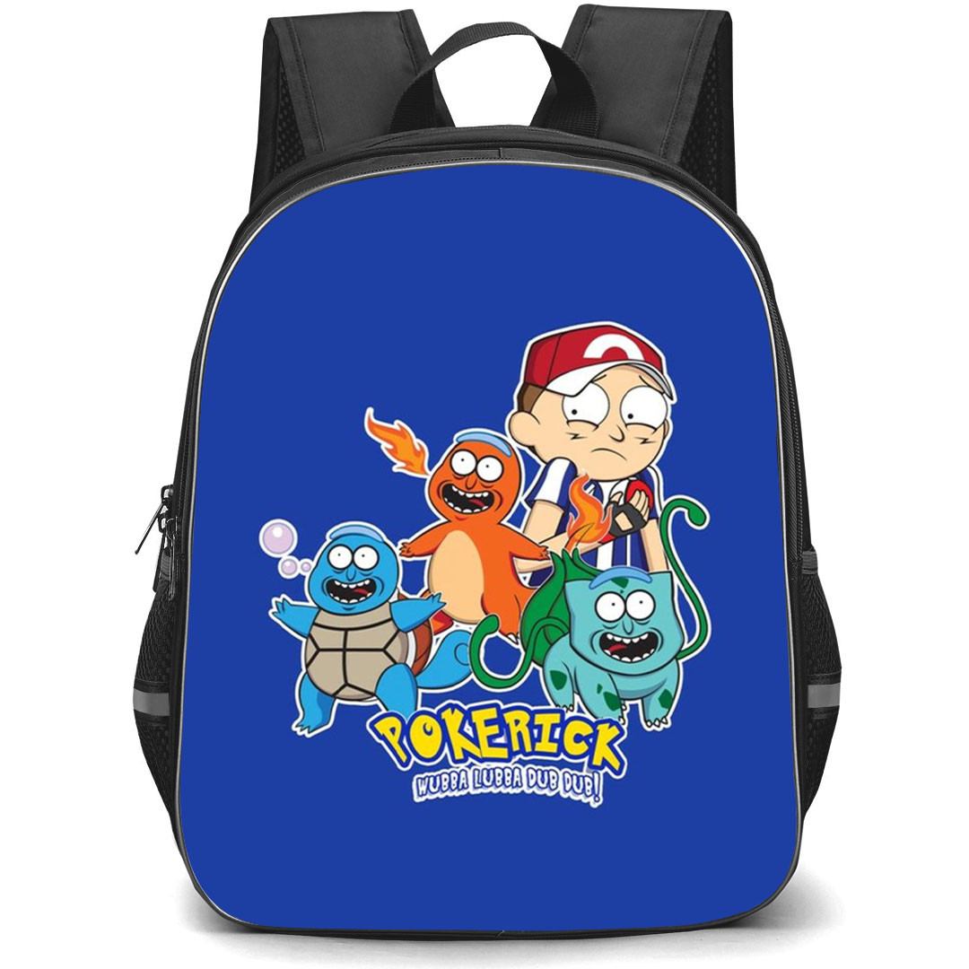 Rick And Morty Backpack StudentPack - Rick And Morty Pokerick Wubba Lubba Sticker On Blue Background