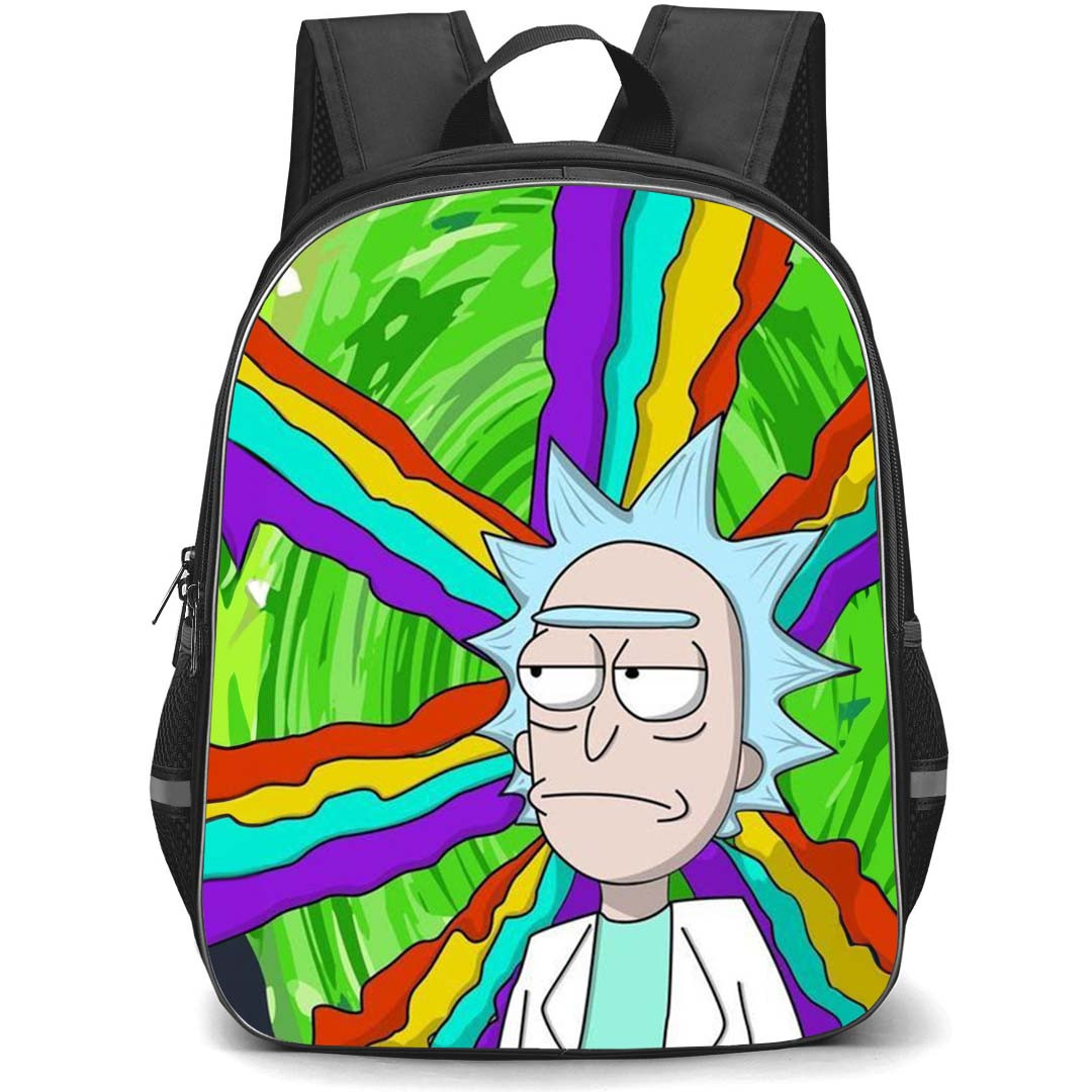 Rick And Morty Rick Sanchez Backpack StudentPack - Rick Sanchez Portrait Cartoon Art On Rainbow Background