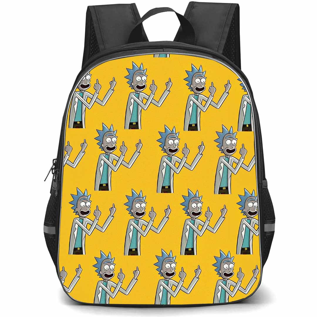 Rick And Morty Rick Sanchez Backpack StudentPack - Rick Sanchez Showing Middle Finger Pattern Art On Yellow Background