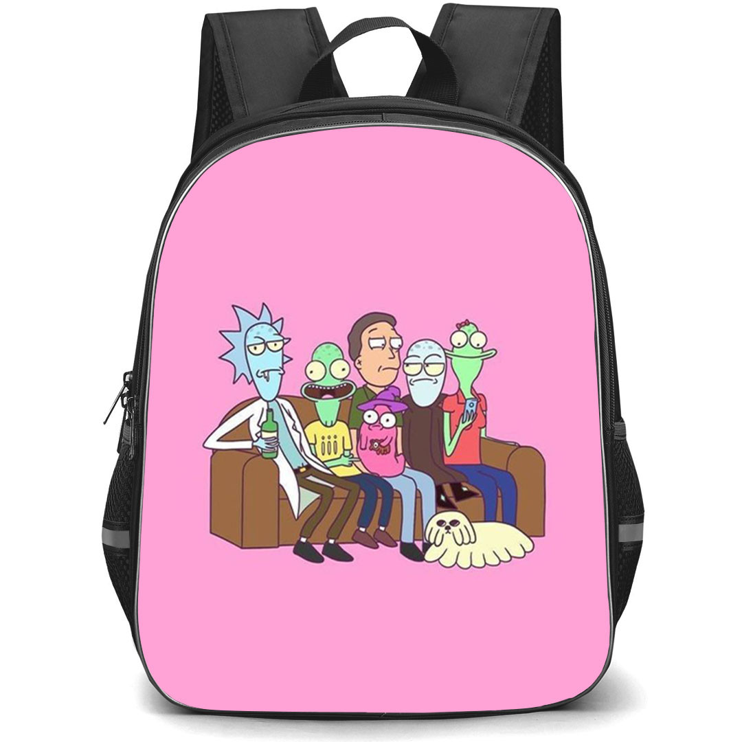 Rick And Morty Backpack StudentPack - Rick and Morty Solar Opposites Sitting Pink Background