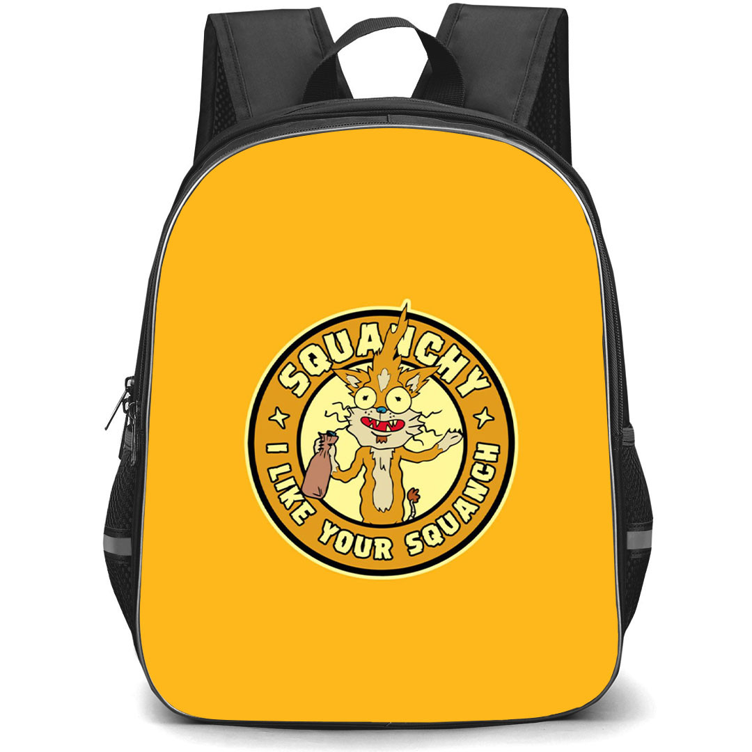 Rick And Morty Squanchy Backpack StudentPack - Squanchy On Round Sticker On Orange Background