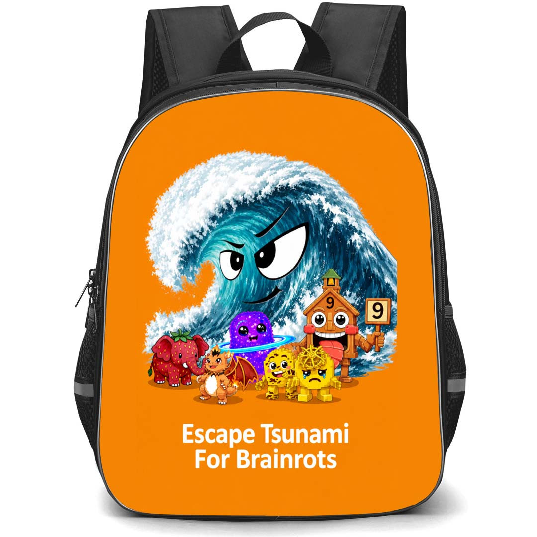 Roblox Escape Tsunami For Brainrots Backpack School Bag StudentPack - Roblox Escape Tsunami Game Poster Orange Background