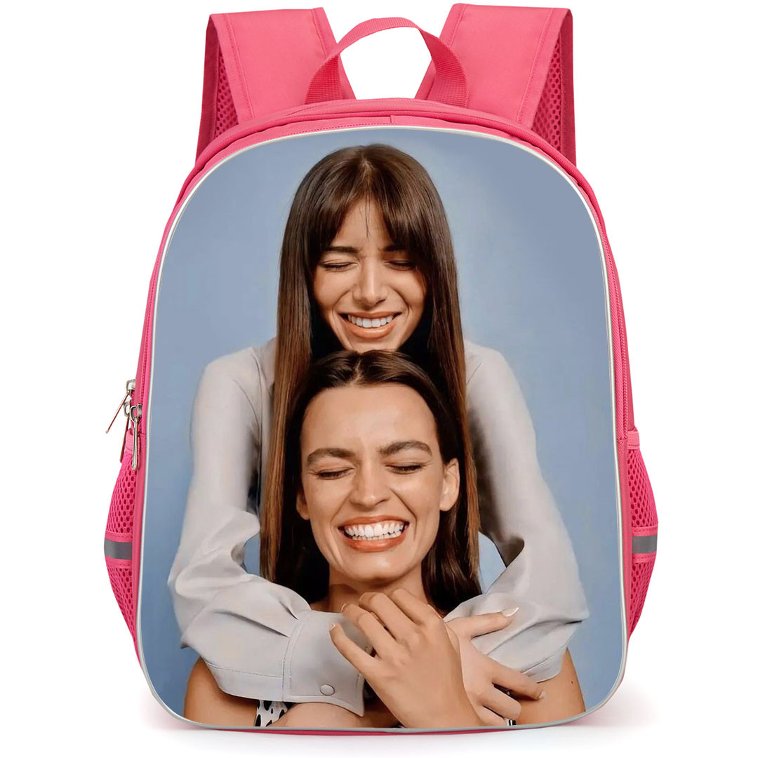 Sex Education Backpack StudentPack - Sex Education Ruby Matthews & Maeve Wiley Smiling Portrait On Gray Background