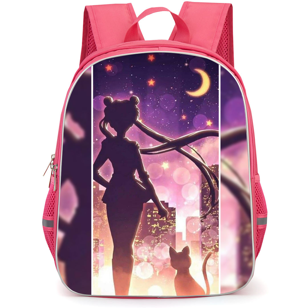Sailor Moon Backpack StudentPack - Sailor Moon And Luna Standing Back On City Night Background