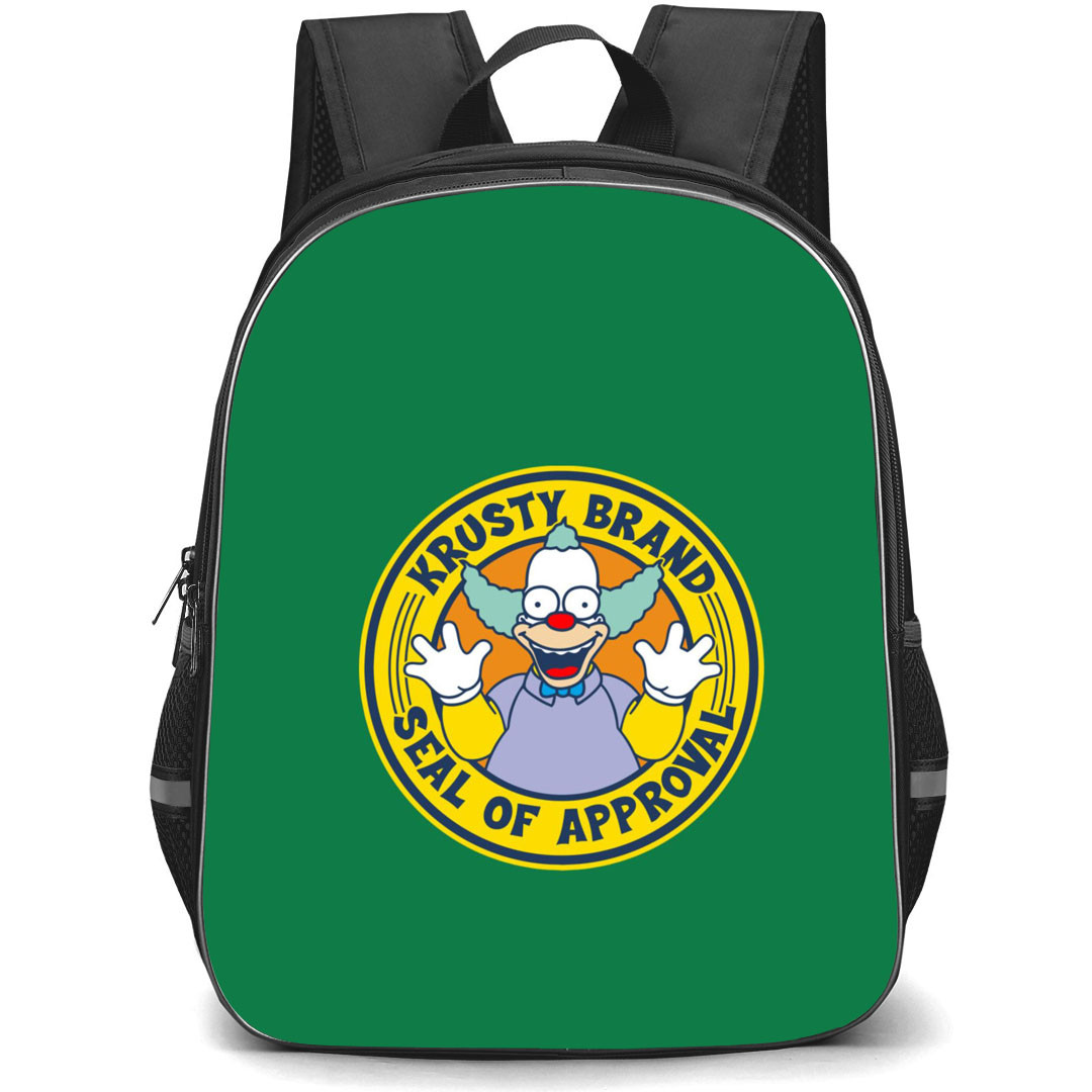 The Simpsons Krusty The Clown Backpack StudentPack - Krusty The Clown Seal Of Approval Logo On Green Backgrou9nd