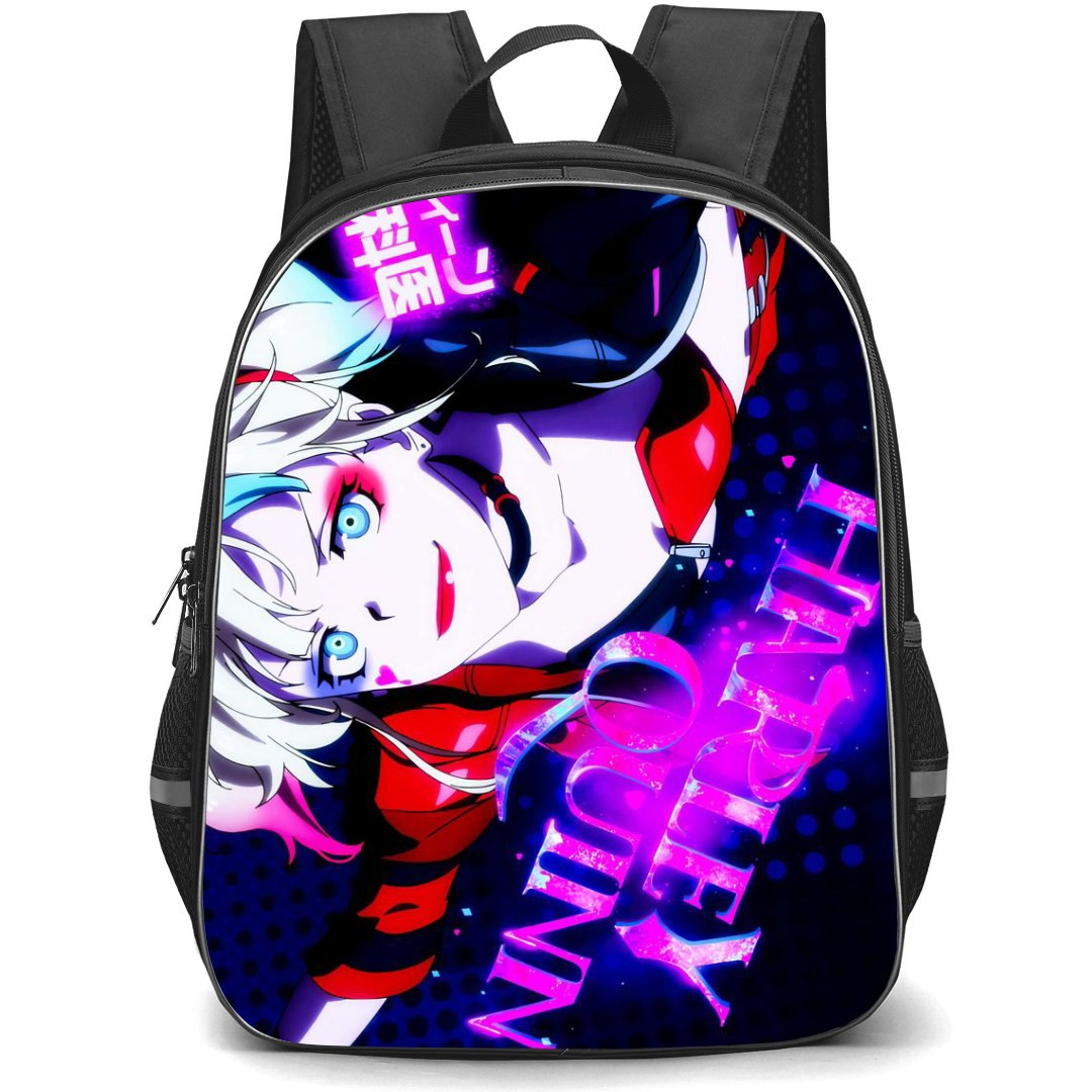 Suicide Squad Isekai Harley Quinn Backpack StudentPack - Harley Quinn Happy Face Colorful Illustration On Pink Background