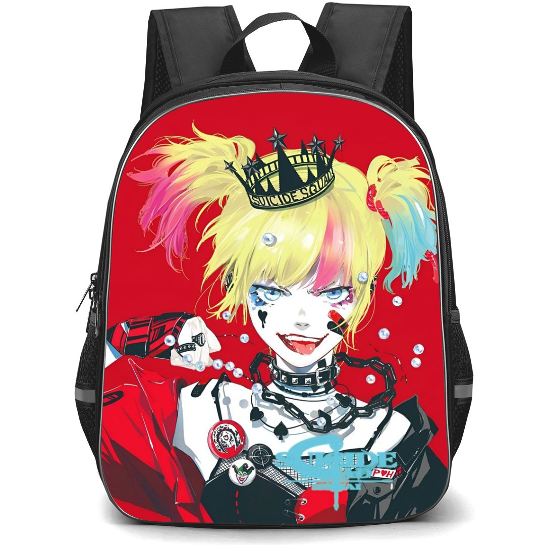 Suicide Squad Isekai Harley Quinn Backpack StudentPack - Harley Quinn Portrait Illustration On Red Background