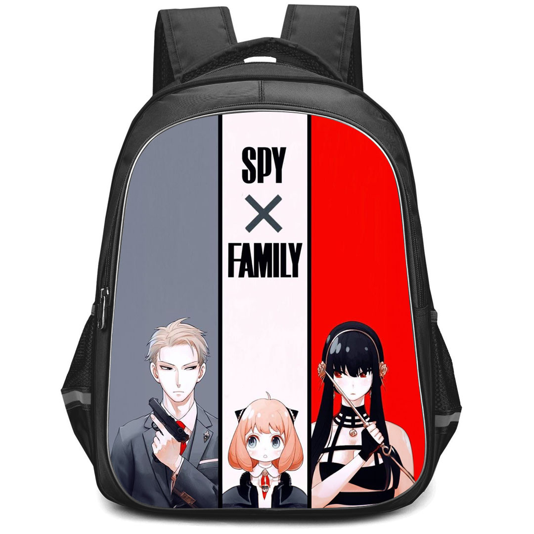 Spy X Family Backpack StudentPack - Spy X Family Loid Anya And Yor forger Portrait On Red Gray Stripe Background