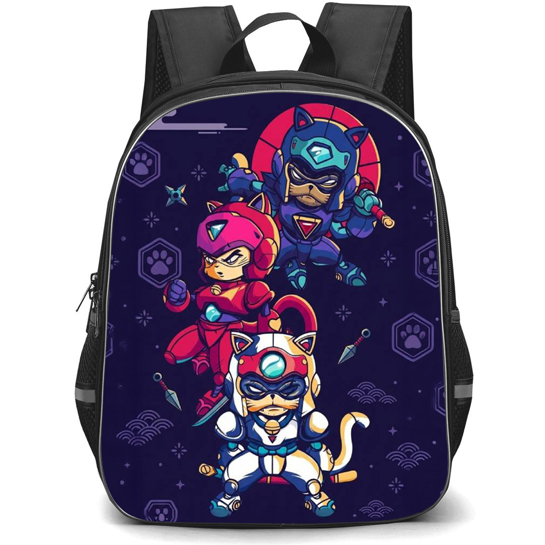Samurai Pizza Cats Backpack School Bag StudentPack - Samurai Pizza Cats Digital Artwork On Purple Background