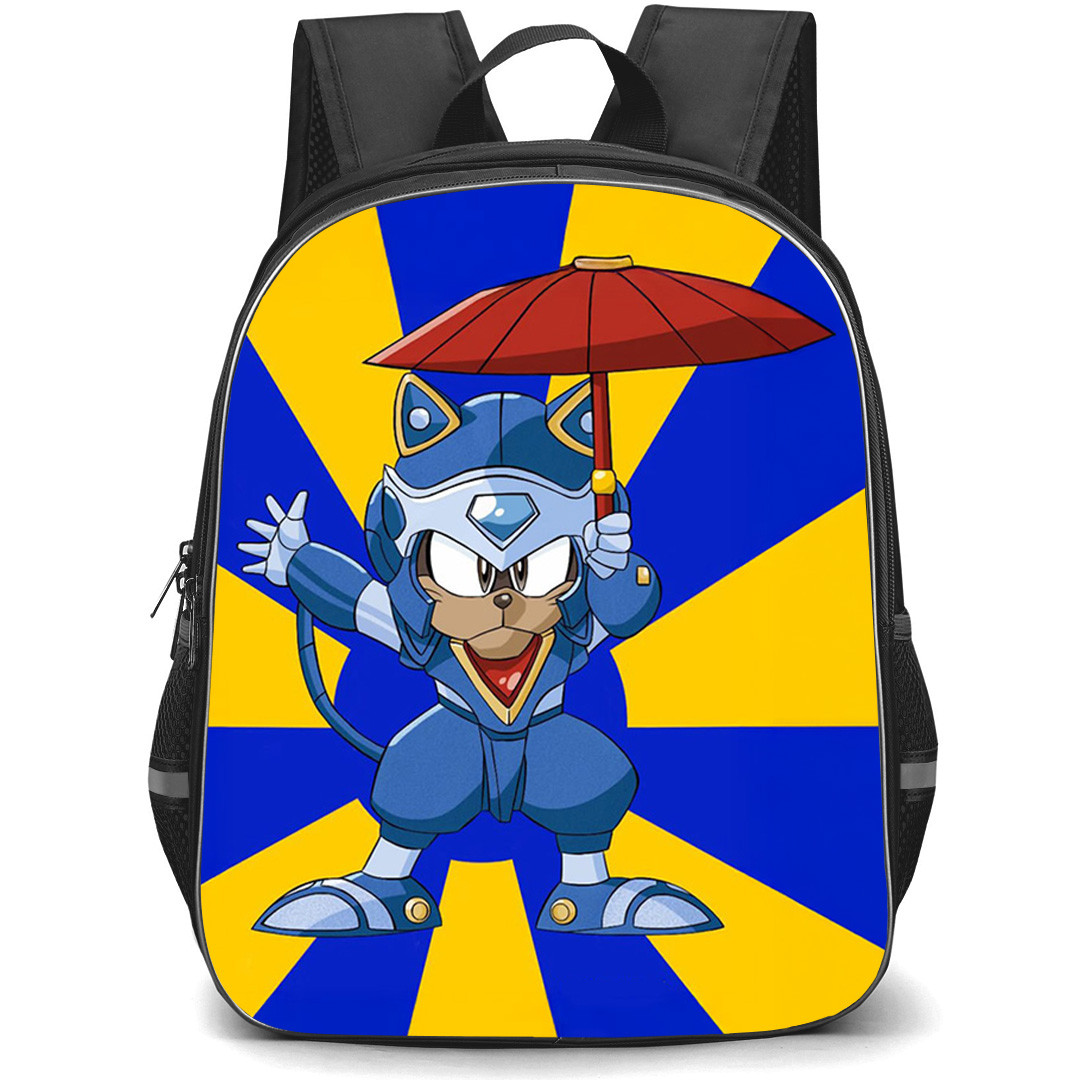 Samurai Pizza Cats Sukashii Backpack School Bag StudentPack - Samurai Pizza Cats Sukashii Holding Umbrella On Blue Yellow Background