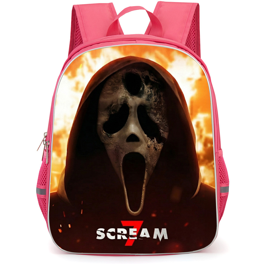 Scream 7 Ghostface Backpack School Bag StudentPack - Ghostface Portrait Series Poster Fire Burning Background