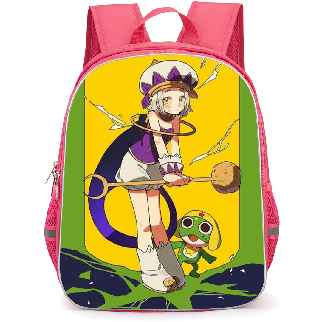 Sgt Frog Backpack School Bag StudentPack - Sgt Frog Angol Mois And Sargento Keroro Illustration Art On Yellow Green Background