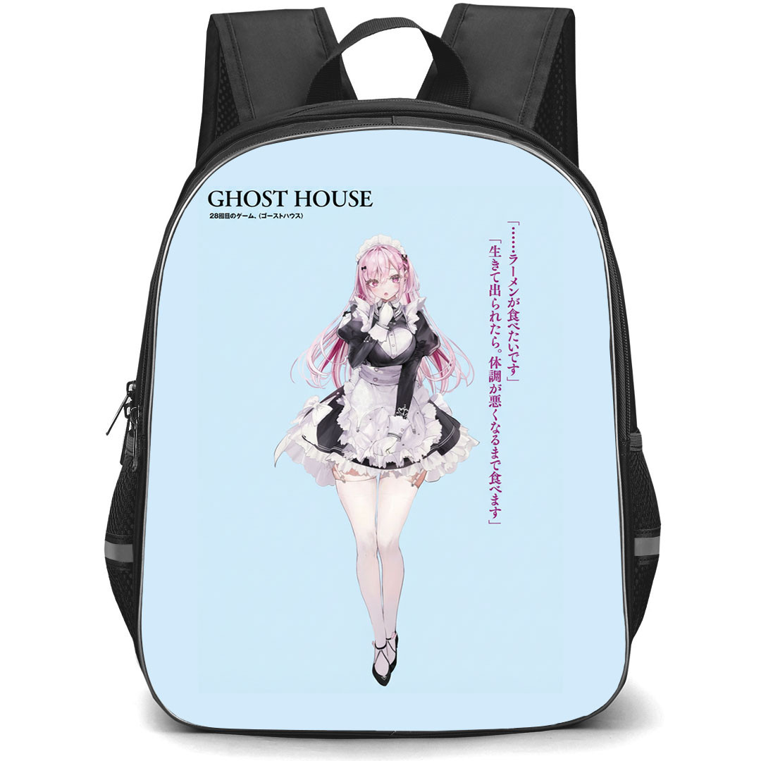 SHIBOYUGI Playing Death Games to Put Food On The Table Momono Backpack School Bag StudentPack - Momono Standing Anime Art On Sky Blue Background