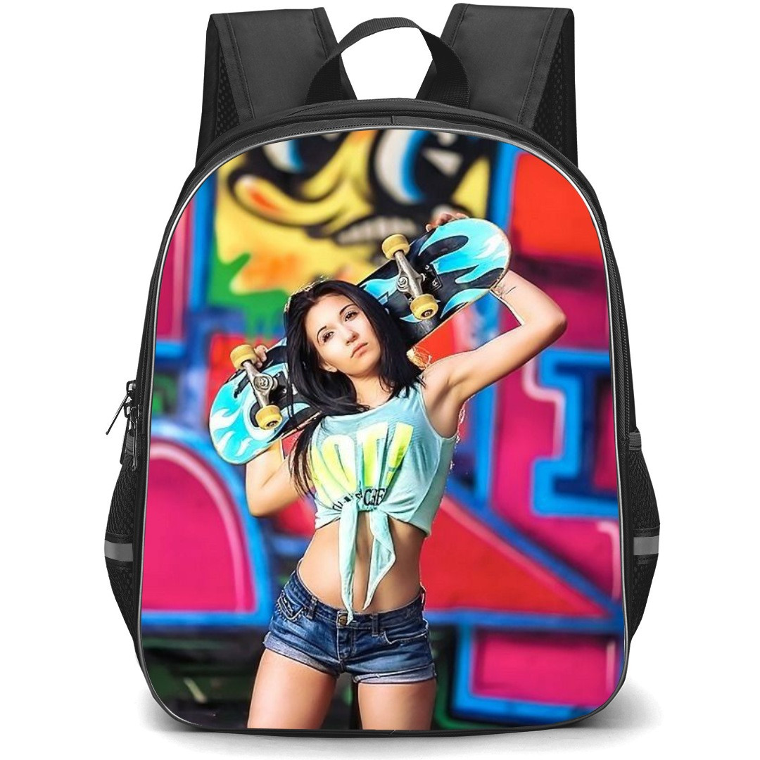 Skating Case Backpack StudentPack - Girl Holding Skateboard Illustration