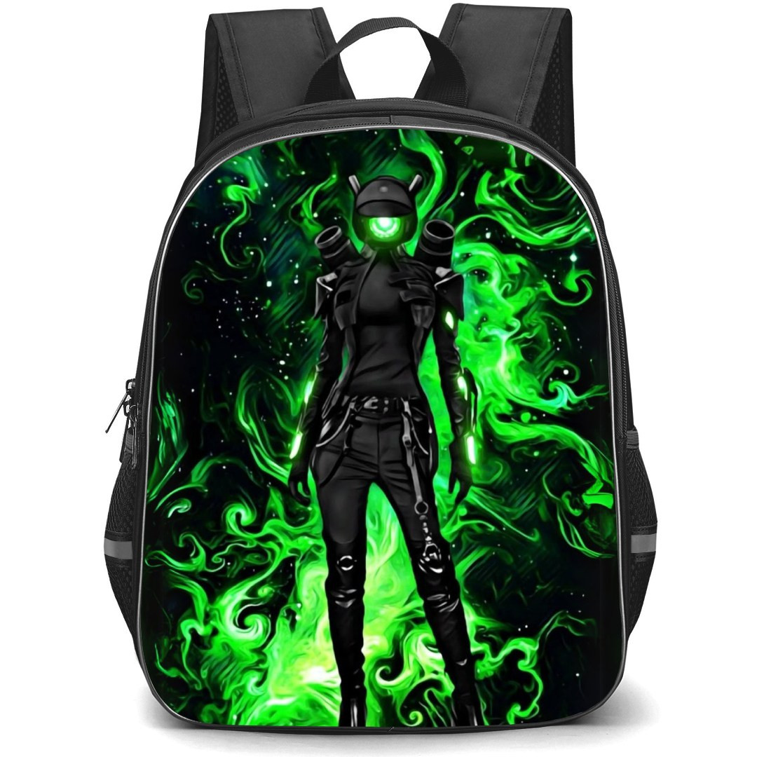 Skibidi Toilet Camera Woman Backpack StudentPack - Camera Woman Standing On Green Neon Effect Background