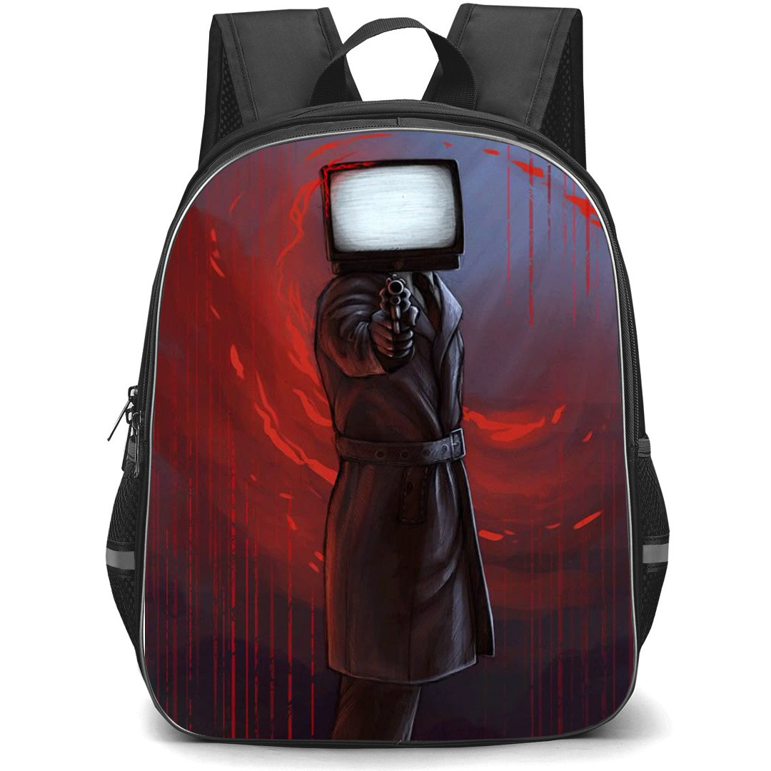 Skibidi Toilet TV Man Backpack StudentPack - TV Man Holding Gun Illustration Art Poster