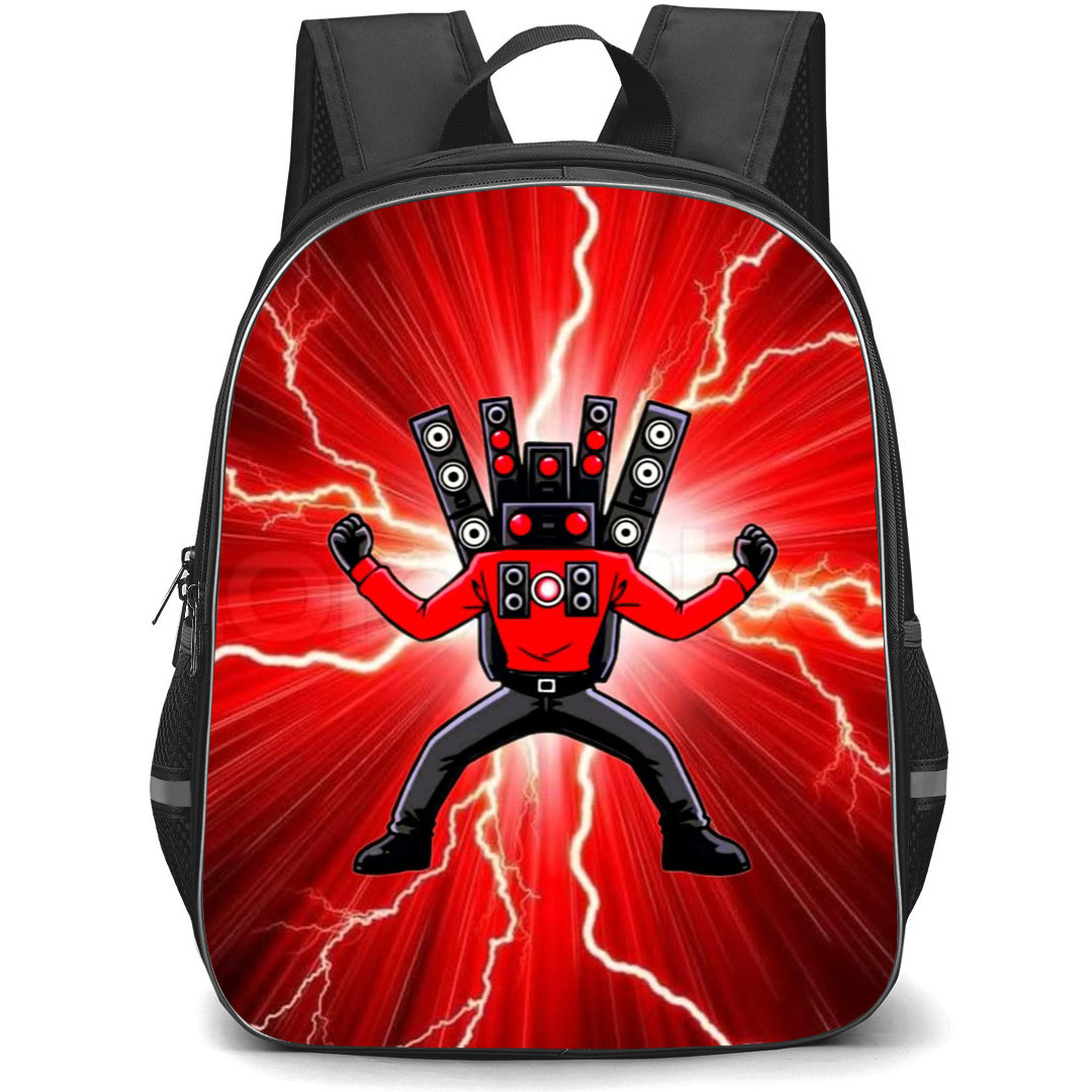 Skibidi Toilet Titan Speakerman Backpack StudentPack - Titan Speakerman Illustration Art Red Thunder Background
