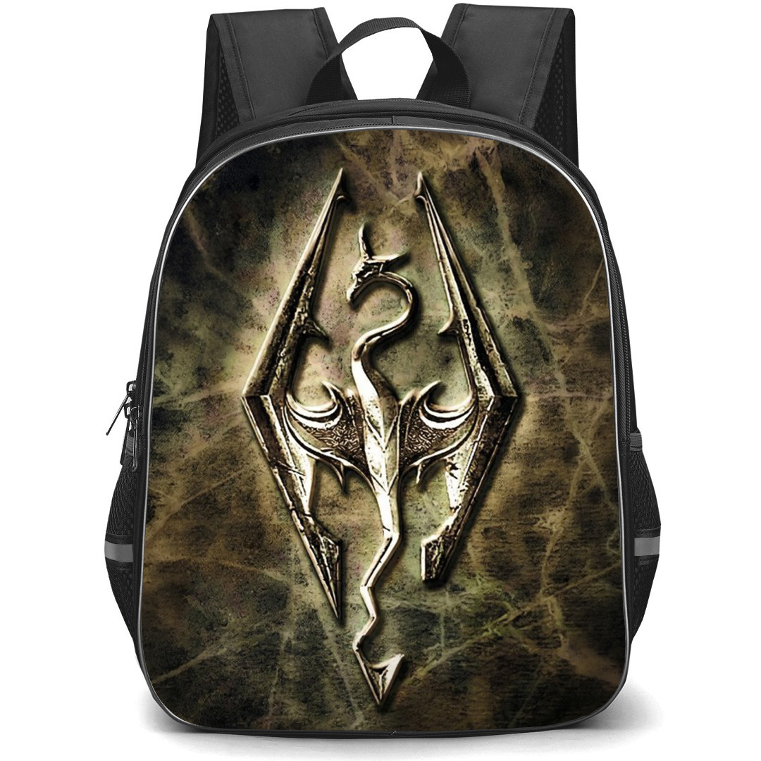 The Elder Scrolls V Skyrim Backpack School Bag StudentPack - The Elder Scrolls V Skyrim Game Logo Black And Gold Background