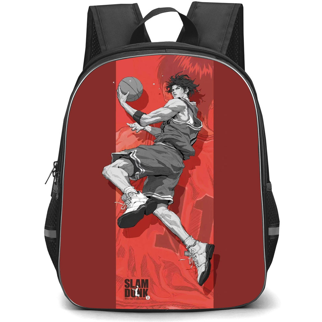Slam Dunk Rukawa Kaede Backpack StudentPack - Slam Dunk Rukawa Kaede Swing Grayscale Illustration On Red Background