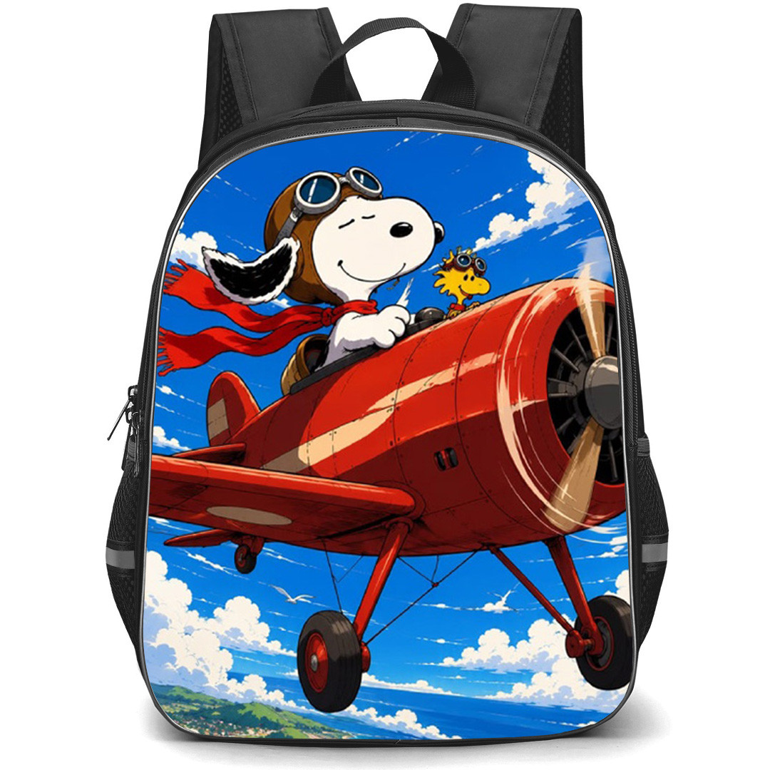 Snoopy Backpack School Bag StudentPack - Snoopy Flying Vintage Airplane With Woodstock Poster