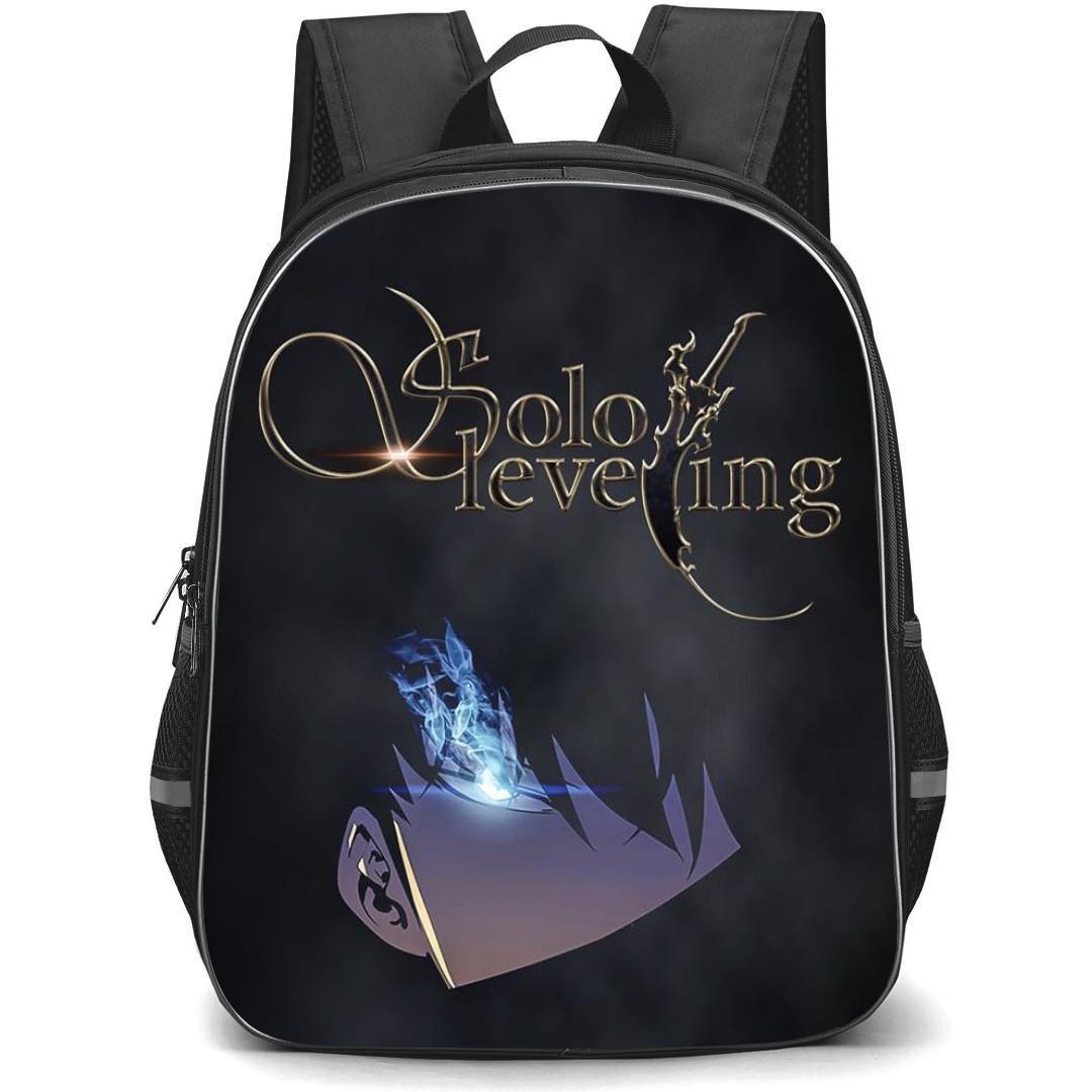 Solo Leveling Backpack StudentPack - Solo Leveling Golden Logo And Sung Jinwoo Eye Anime Art On Dark Background