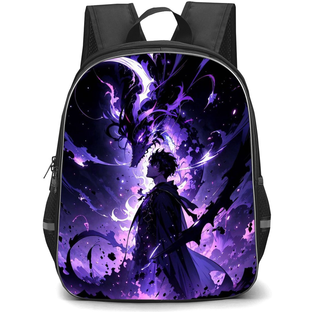 Solo Leveling Sung Jinwoo Backpack StudentPack - Sung Jinwoo Side Portrait Violet Background