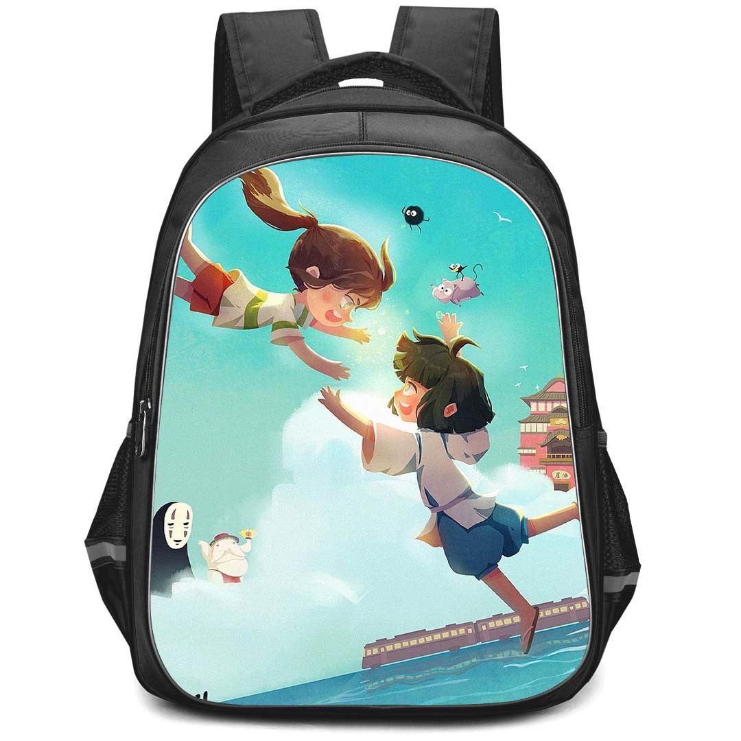 Spirited Away Backpack StudentPack - Spirited Away Cartoon Illustration Cyan BAckground