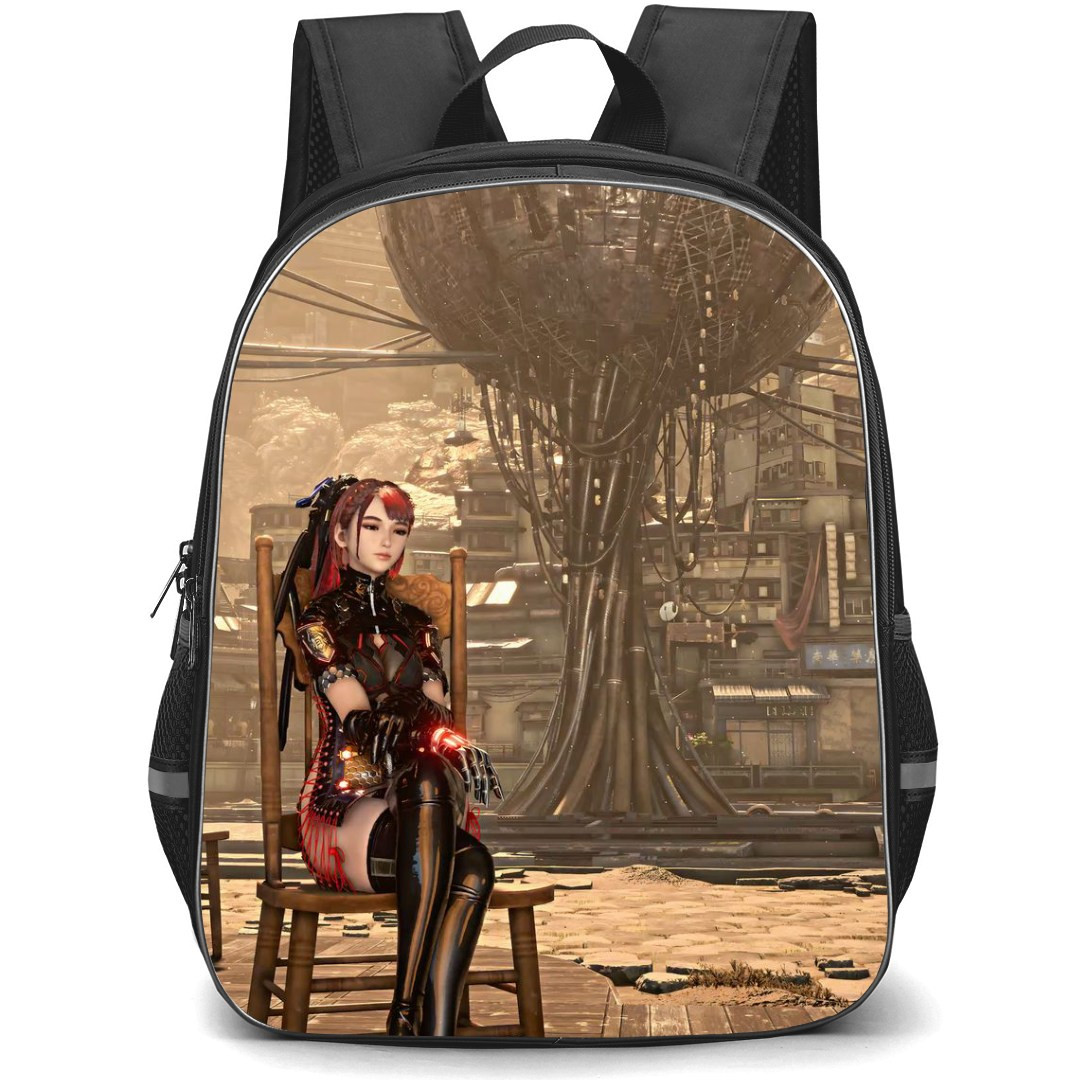 Stellar Blade Eve Backpack StudentPack - Eve Sitting On A Chair Infront Of A Futuristic Background