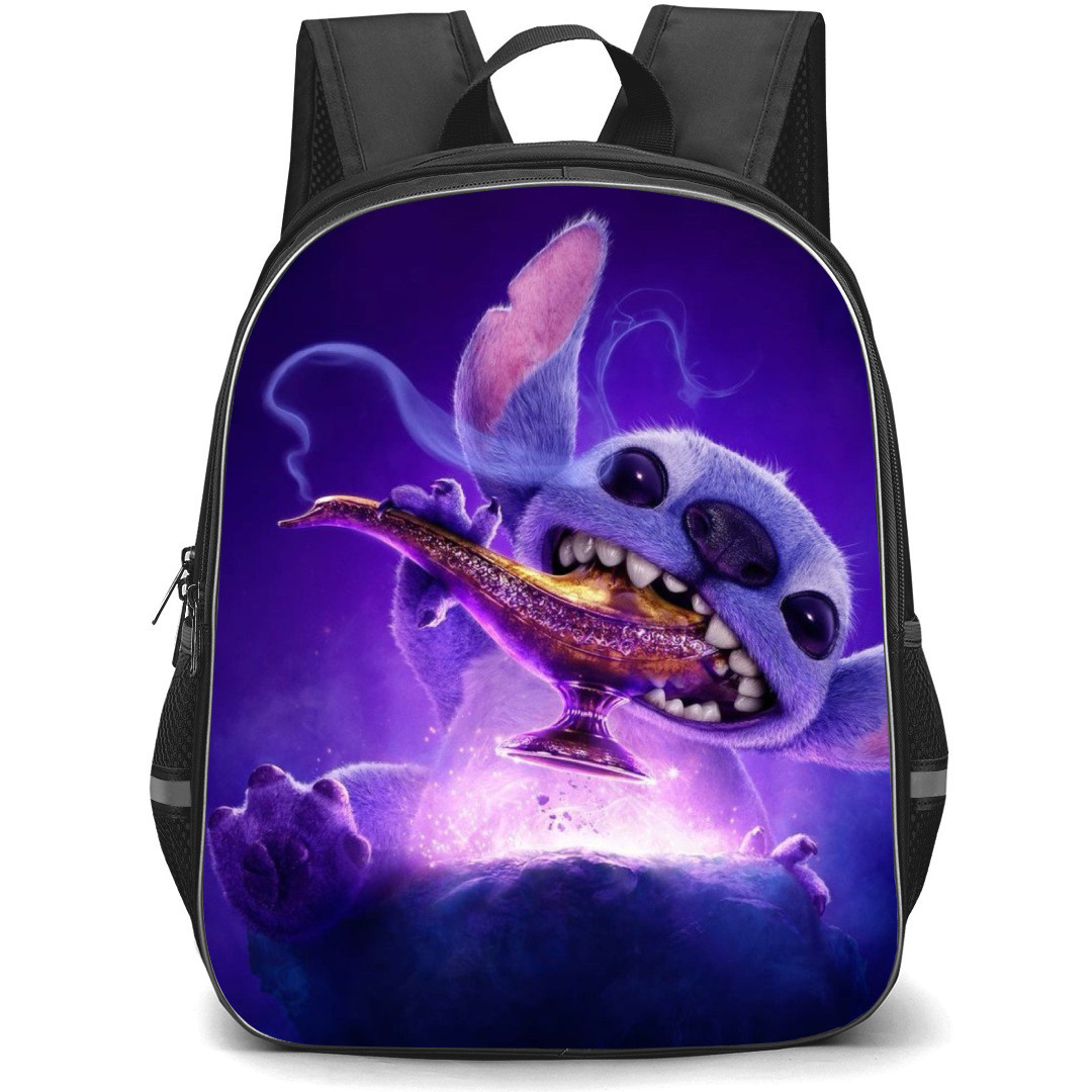Lilo & Stitch Backpack StudentPack - Stitch Eating Genie Lamp Black Purple Background
