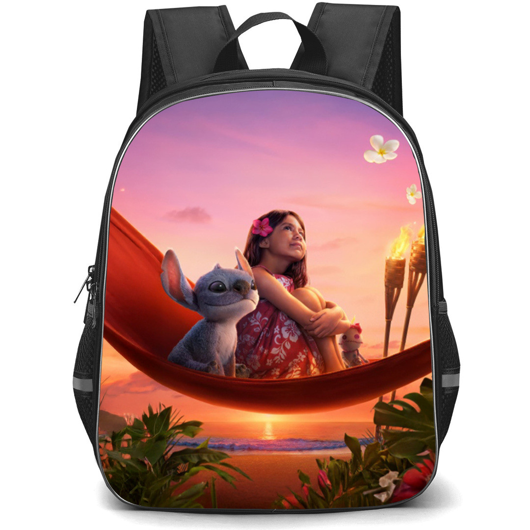 Lilo & Stitch Backpack StudentPack - Lilo & Stitch Sitting on Hammock Sunset Background