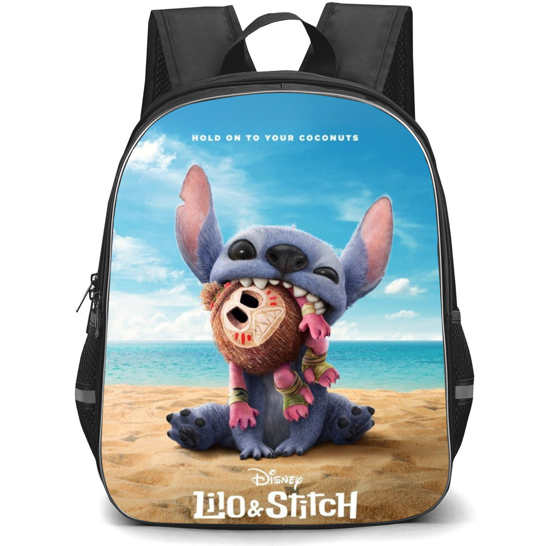 Lilo & Stitch Backpack StudentPack - Stitch Biting Monster On The Beach Background