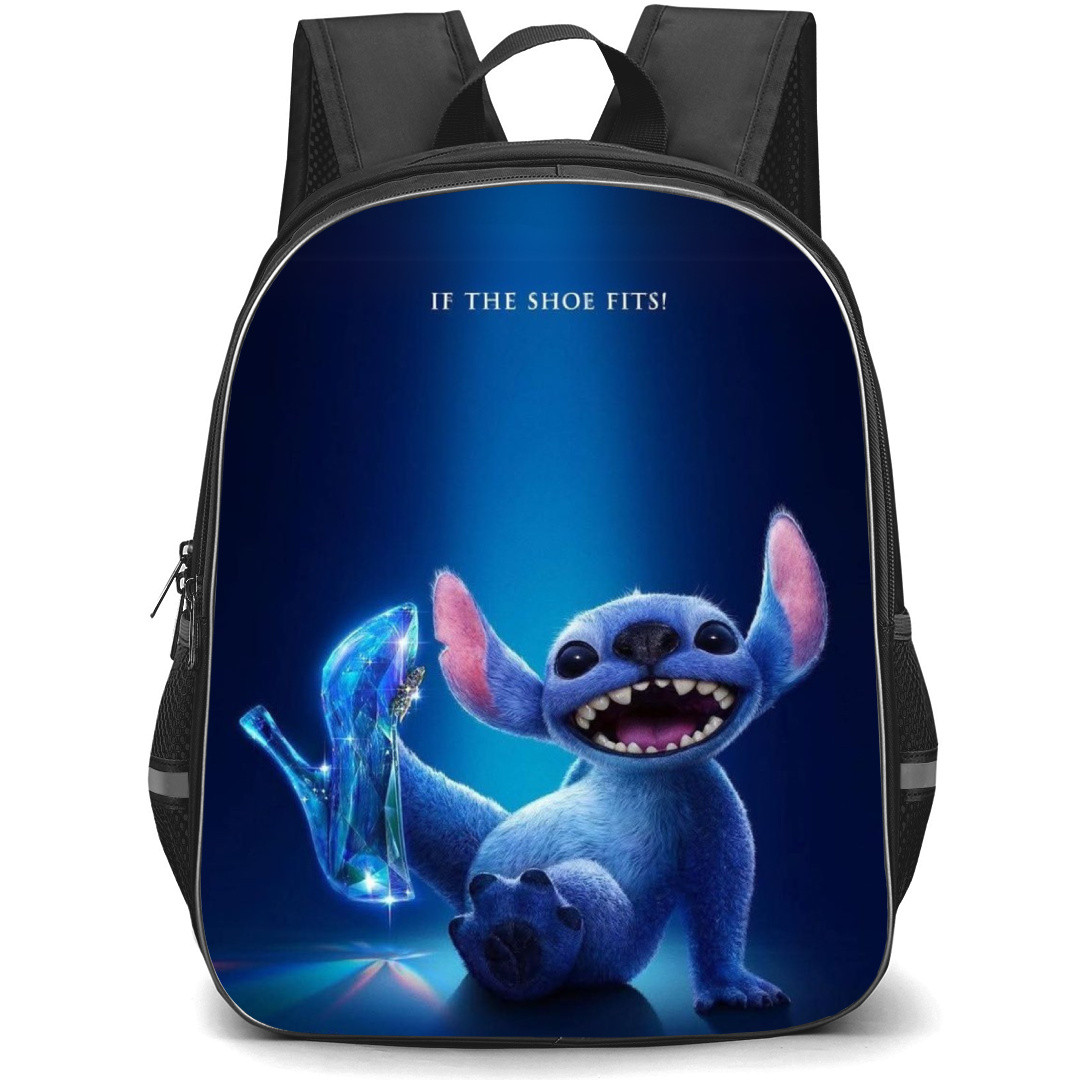 Lilo & Stitch Backpack StudentPack - Stitch Wearing Glass Slipper Black Blue Background