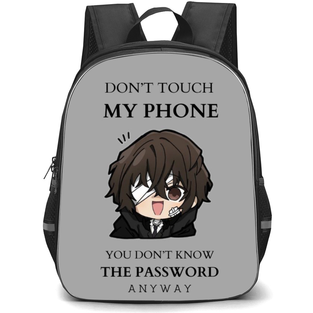 Bungo Stray Dogs Osamu Dazai Backpack Student Pack - Osamu Dazai Dont Touch My Phone Quote Chibi Art