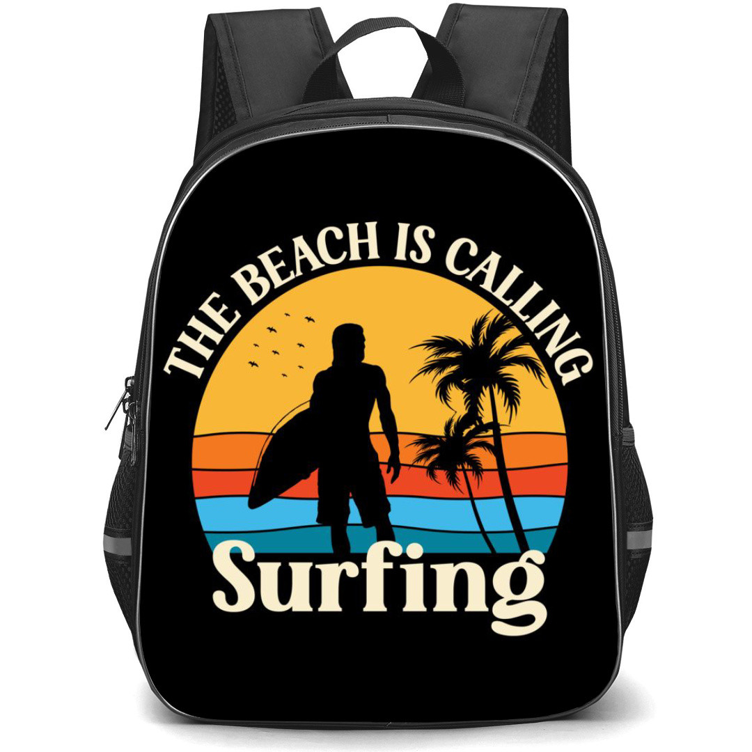 Surfing Backpack StudentPack - Surfing The Beach is Calling Silhouette Illustration Art On Black Background