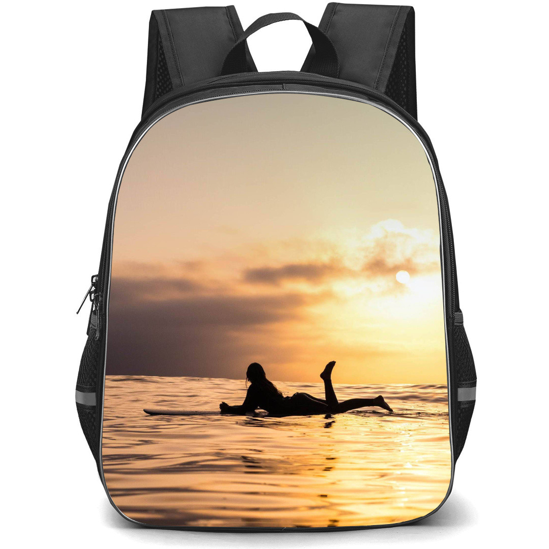 Surfing Backpack StudentPack - Surfing Dreamy Surfer Girl Enjoying Sunset Poster