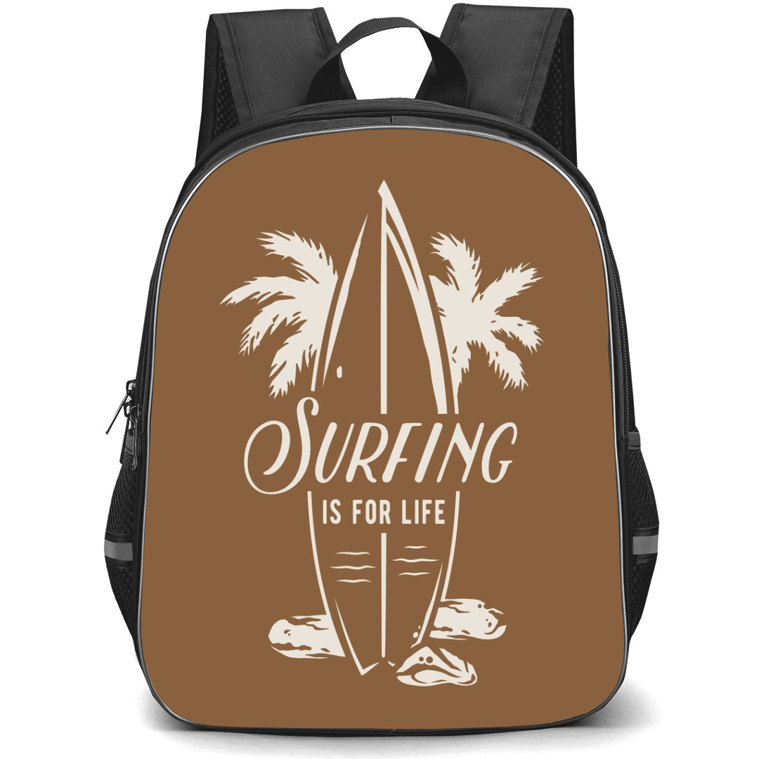 Surfing Backpack StudentPack - Surfing is For Life Vector Art On Brown Background