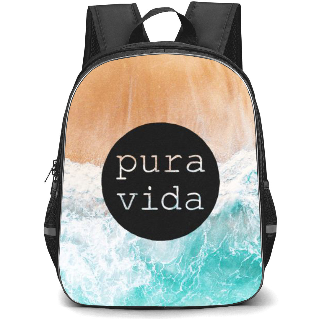 Surfing Pura Vida Backpack StudentPack - Surfing Pura Vida Round Logo On Beach Wave Background