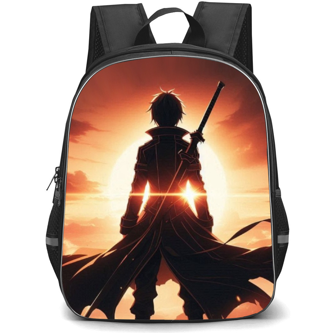 Sword Art Online Kirito Backpack Student Pack - Kirito Standing Sillhoutte Sun Background