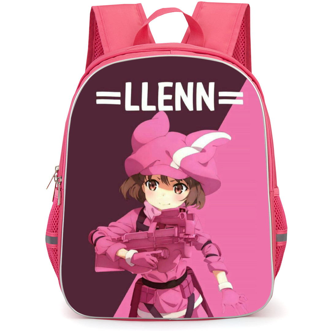 Sword Art Online Llenn Backpack Student Pack - Llenn Holding Weapon Chibi Anime Maroon Pink Background