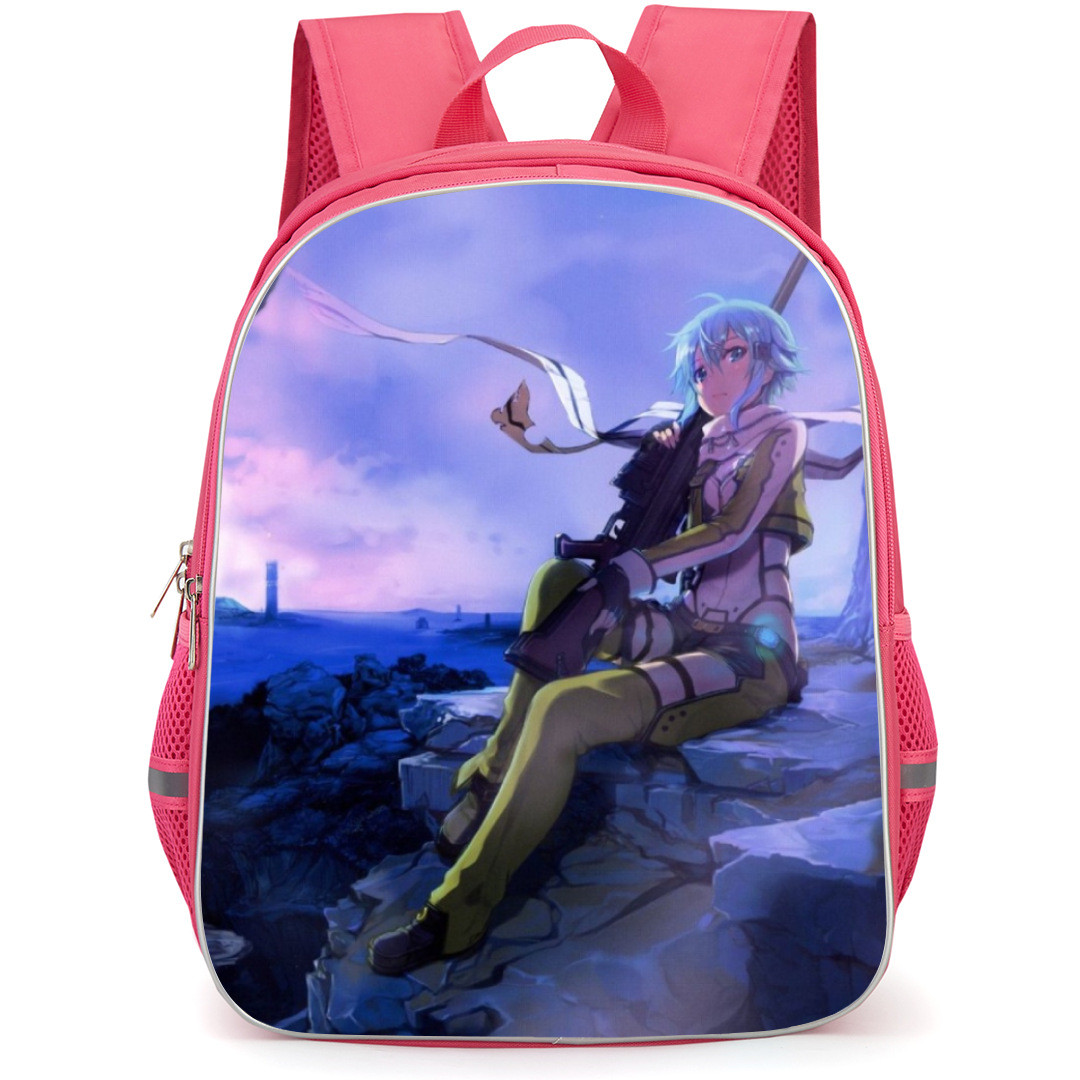 Sword Art Online Sinon Backpack Student Pack - Sinon Holding Weapon Sitting On Stone Illustration