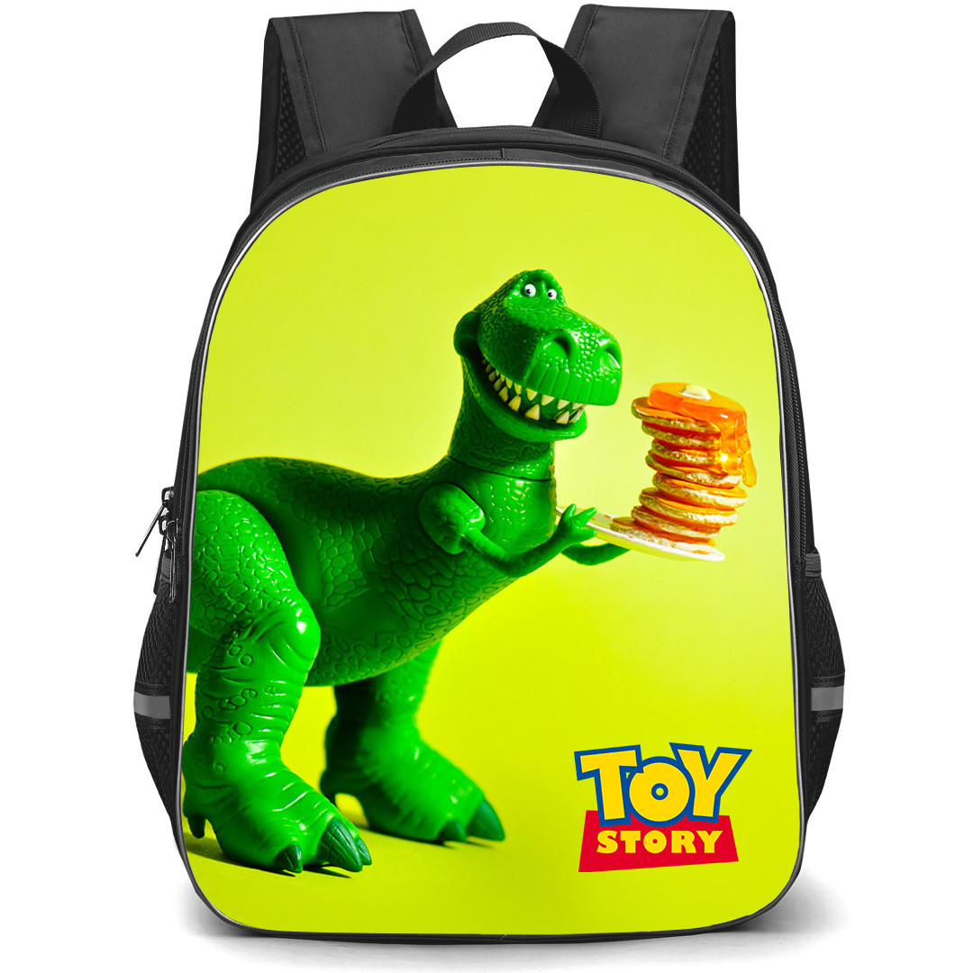 Toy Story Rex Head Backpack StudentPack - Rex Holding Pancake Neon Background