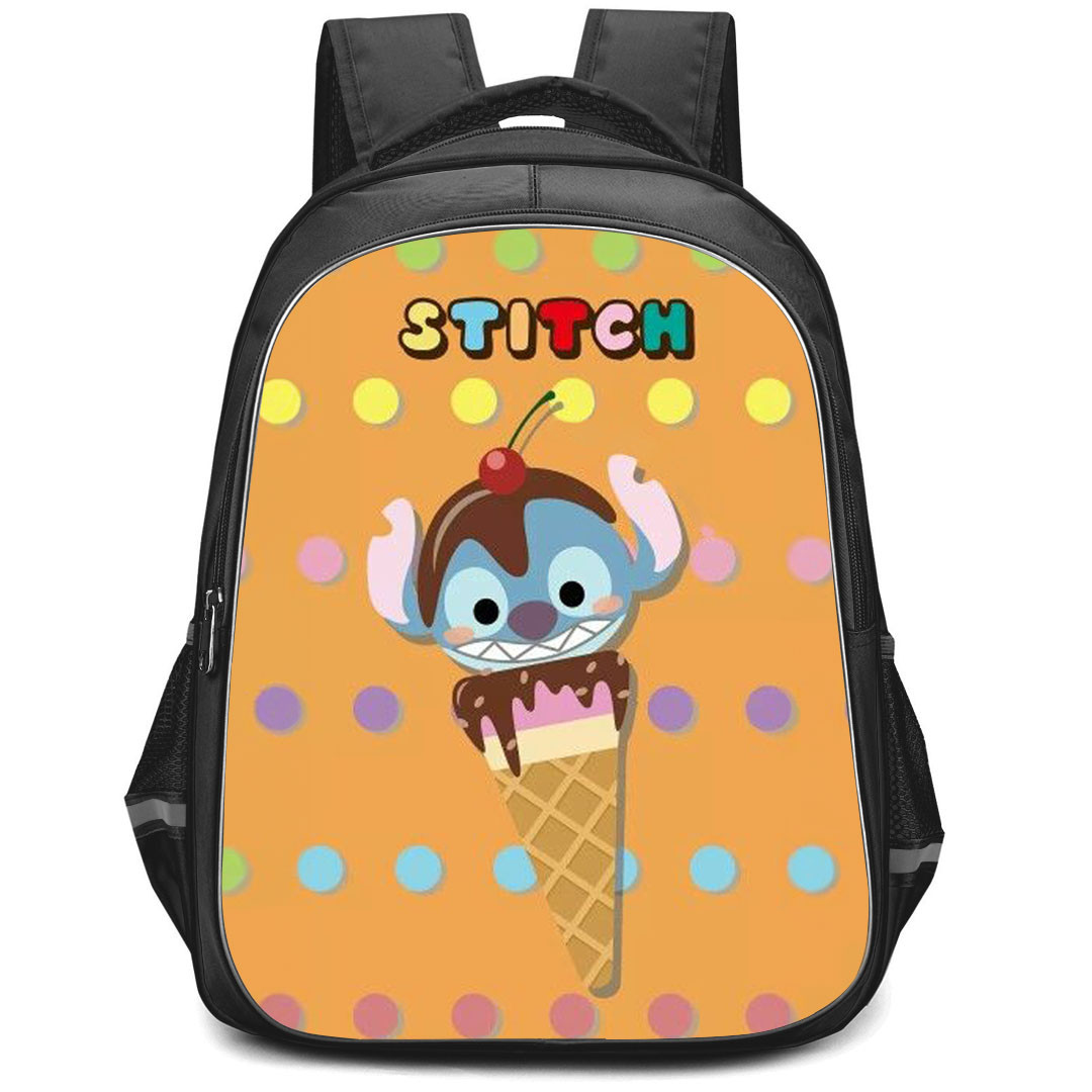 Disney Tsum Tsum Stitch Backpack StudentPack - Stitch Ice Cream On Polka Dot Orange Background