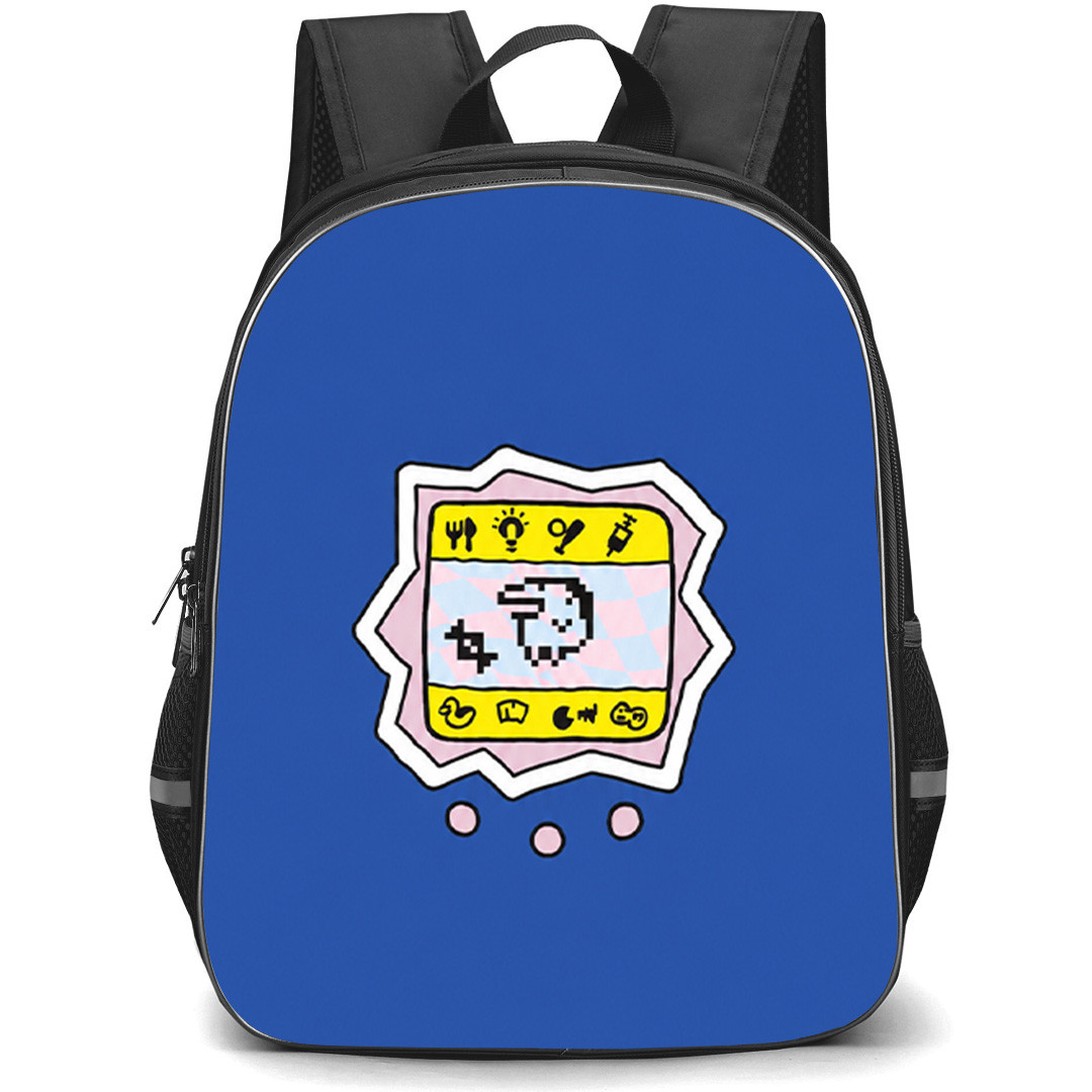 Tamagotchi Ginjirotchi Backpack School Bag StudentPack - Ginjirotchi Minimal Pixel Pet Sticker On Blue Background