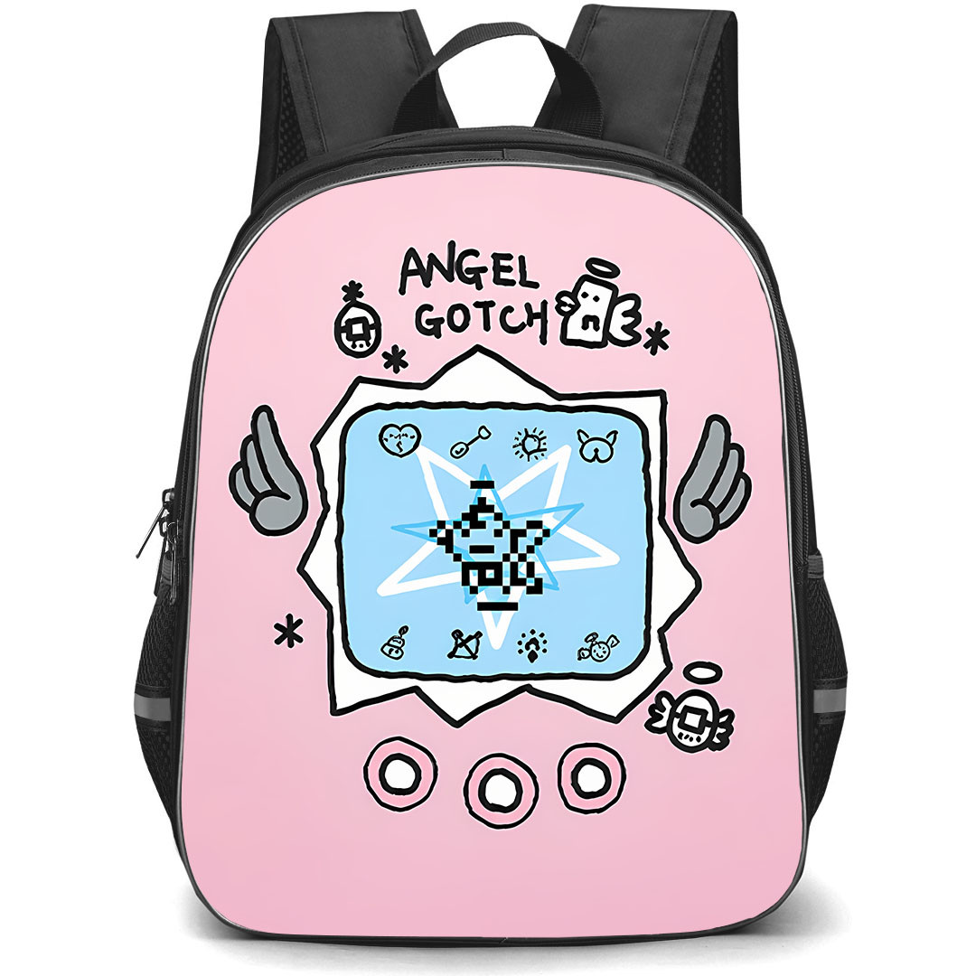 Tamagotchi Backpack School Bag StudentPack - Tamagotchi Kawaii Angel Virtual Pet On Pink Background