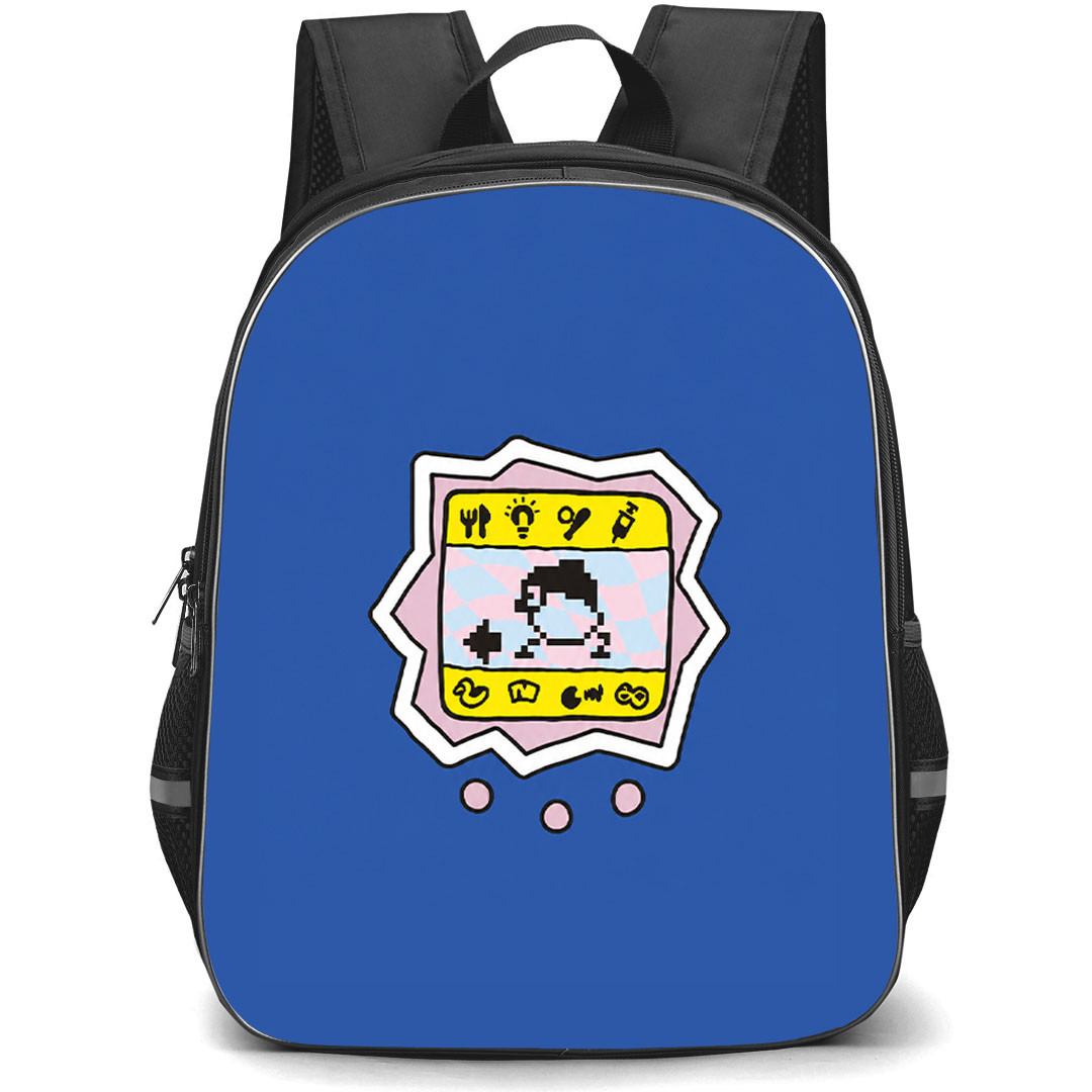 Tamagotchi Maskutchi Backpack School Bag StudentPack - Maskutchi Minimal Pixel Pet Sticker On Blue Background