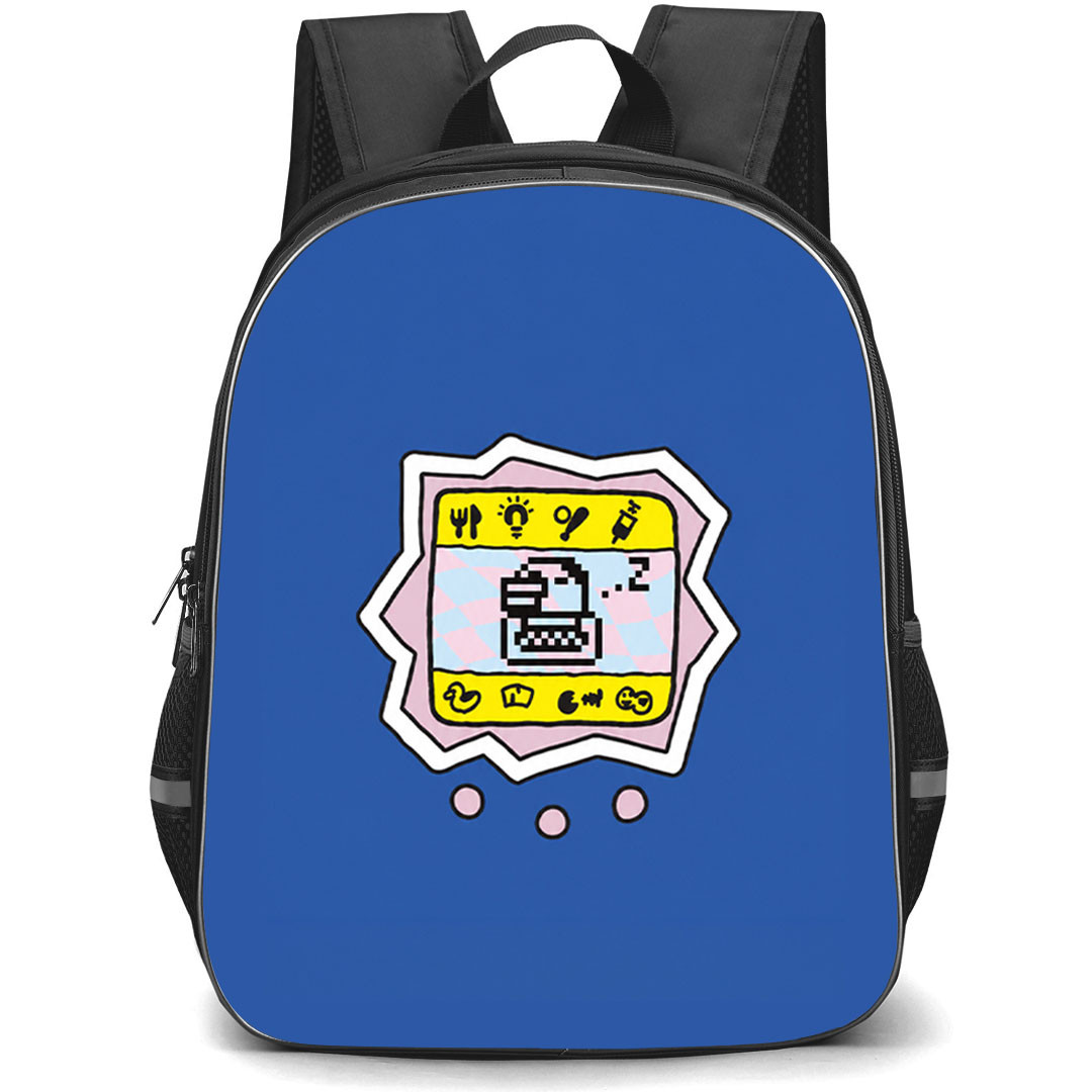 Tamagotchi Tarakotchi Backpack School Bag StudentPack - Tarakotchi Minimal Pixel Pet Sticker On Blue Background