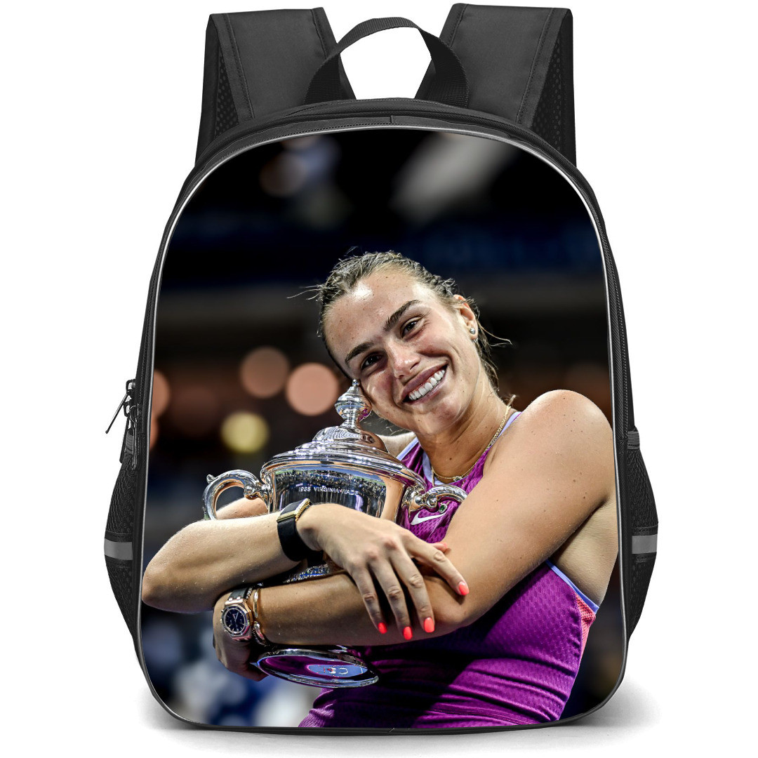 Aryna Sabalenka Backpack School Bag StudentPack - Aryna Sabalenka Hugging Trophy In Purple Shirt