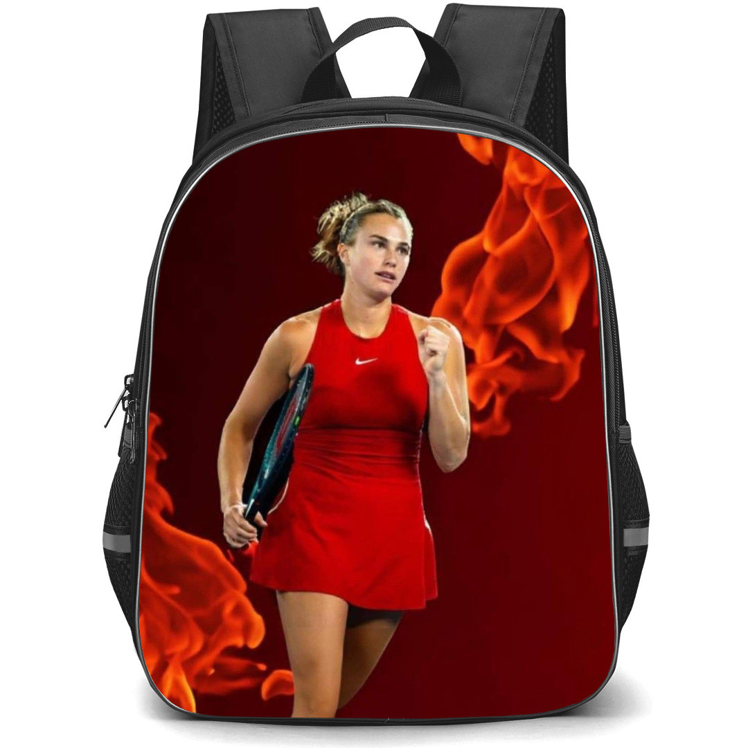 Aryna Sabalenka Backpack School Bag StudentPack - Aryna Sabalenka Wearing Red With Fire and Red Color in Background